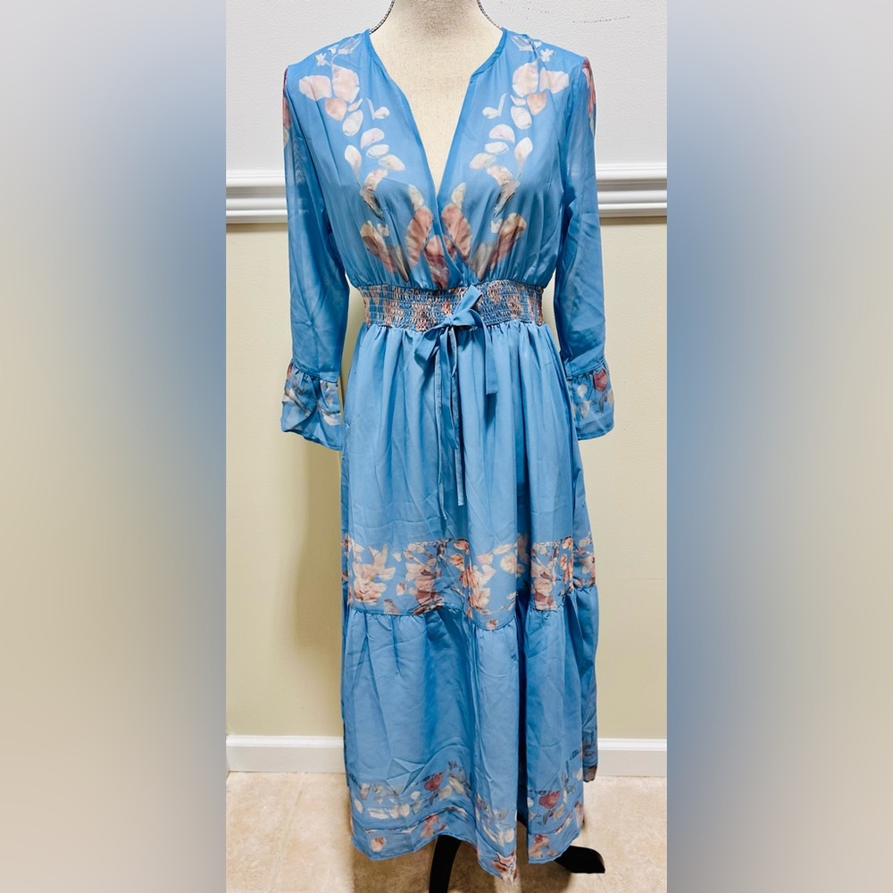 NWT made with ❤️ Blue Peasant Floral Maxi Dress M Boho Wedding Guest Cottagecore